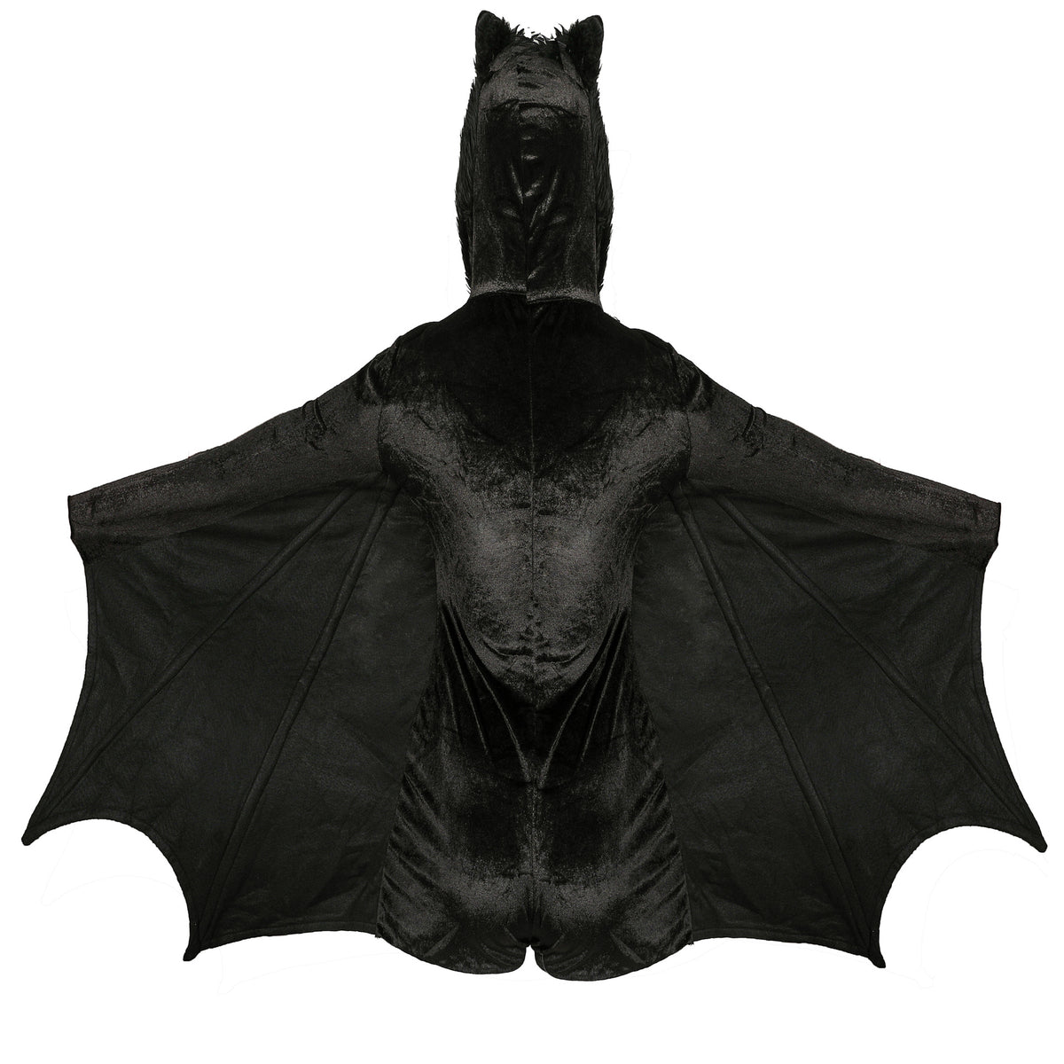 Black bat hooded cape coat with faux fur detail, back view