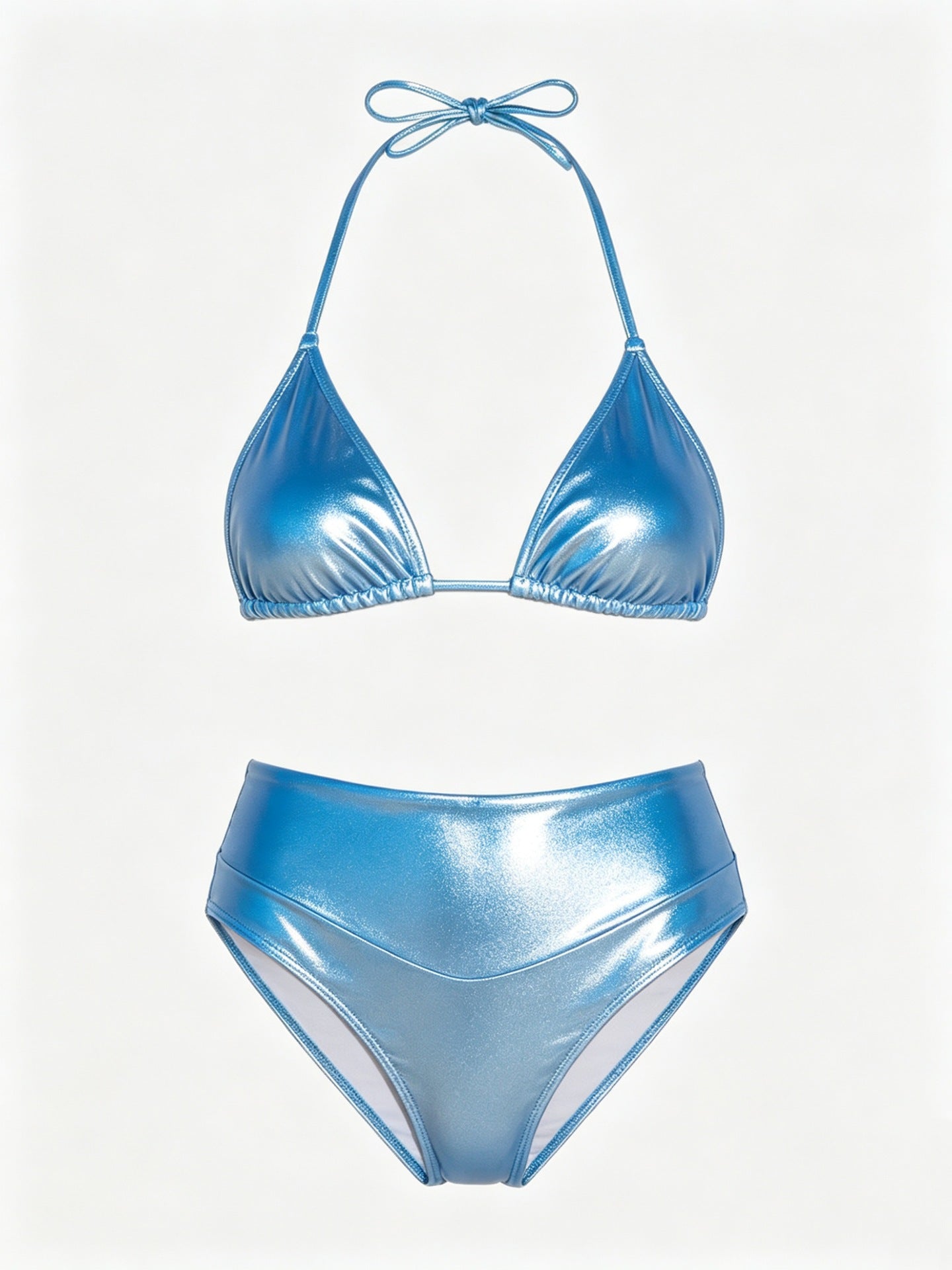 Metallic Shine High-Waist Bikini - Blue Halter Neck Swimsuit