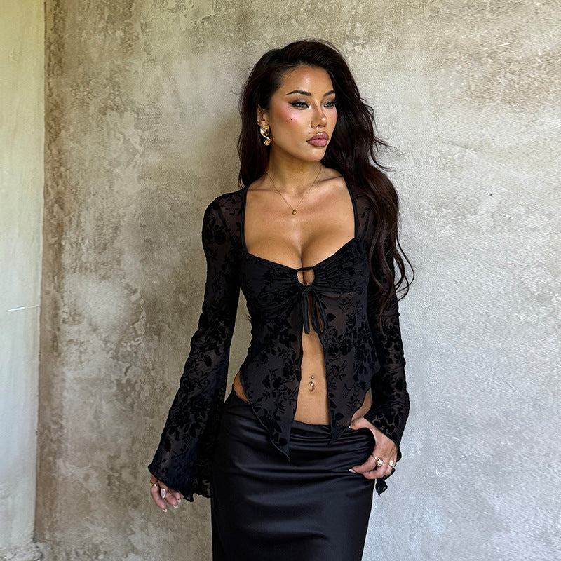 Long Sleeve Square Neck Top - Black Fitted Pullover