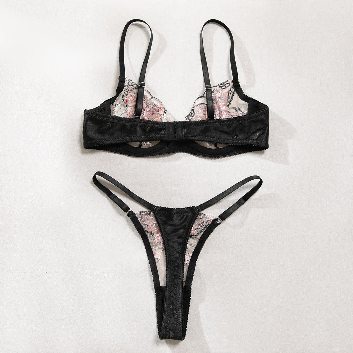 Black Butterfly Embroidery Mesh Bra and Thong Set