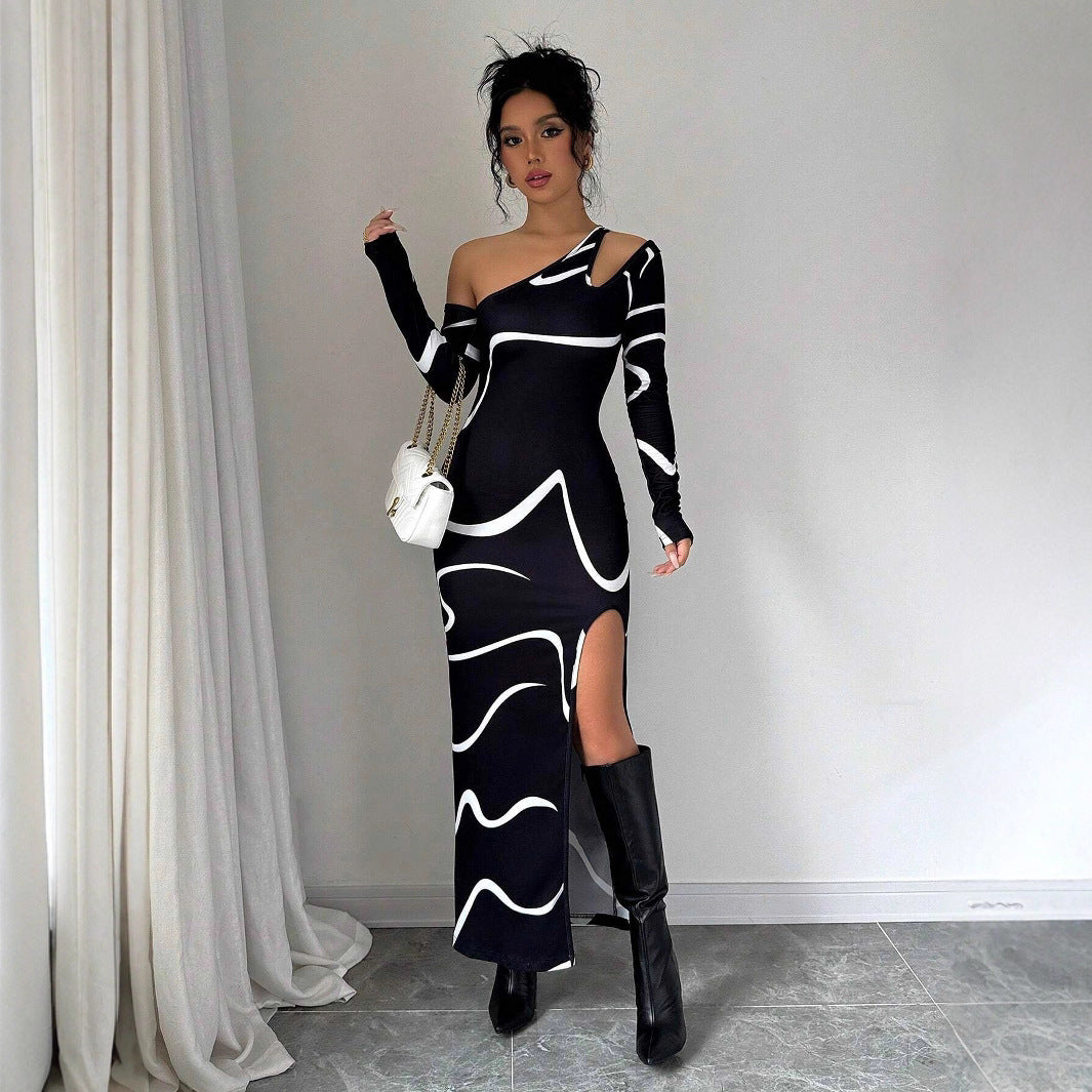 One-shoulder Bodycon Maxi Dress - Graffiti Print Asymmetric