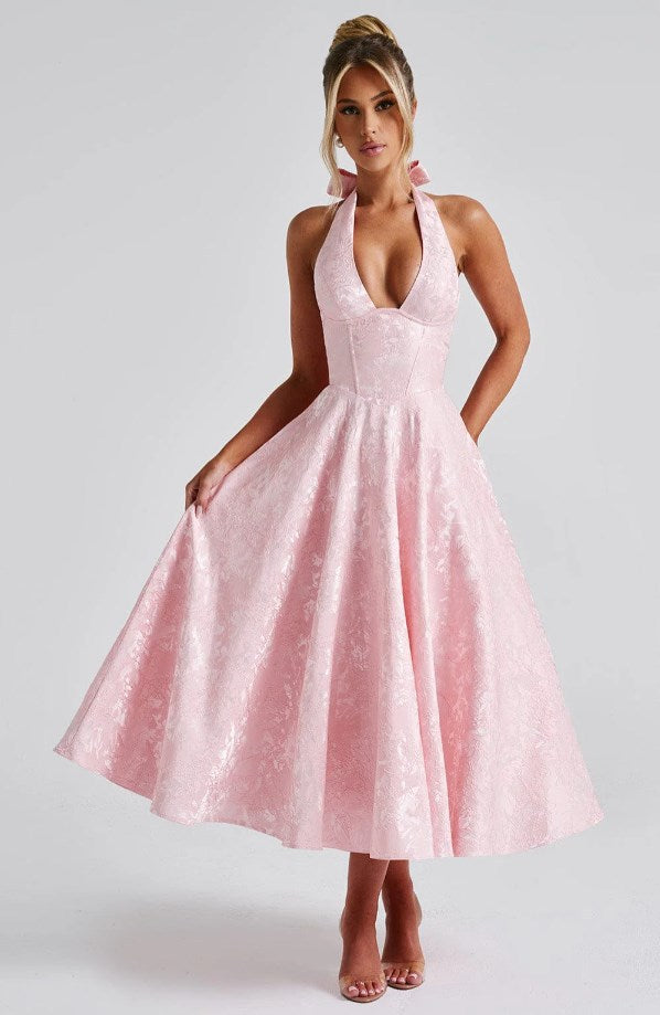 Jacquard Halter Midi Dress - Deep V Corset Waist A-Line Skirt