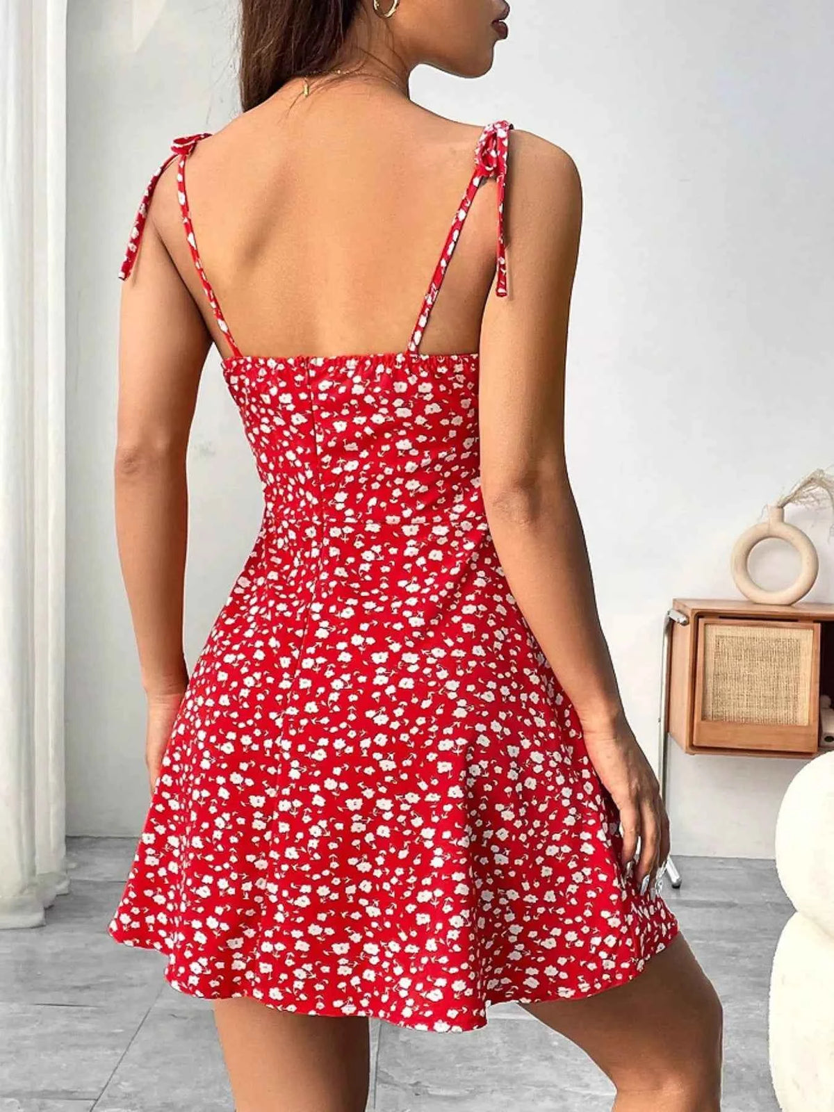 Ditsy Floral Tie Strap Mini Dress - Ruched Bust A-Line