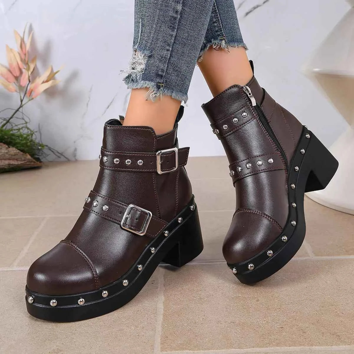 Moto Studded Ankle Boots - Dual Buckle Platform Block Heel