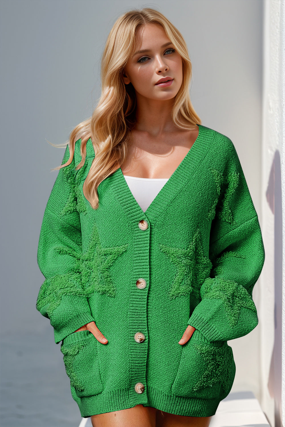 Double Take Full Size Button Up Star Pattern Cardigan - Fashions Envy