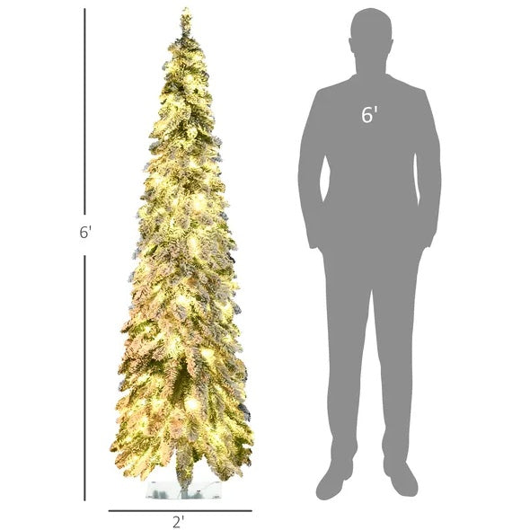 Snow Flocked Pencil Christmas Tree - 6 FT Pre-Lit