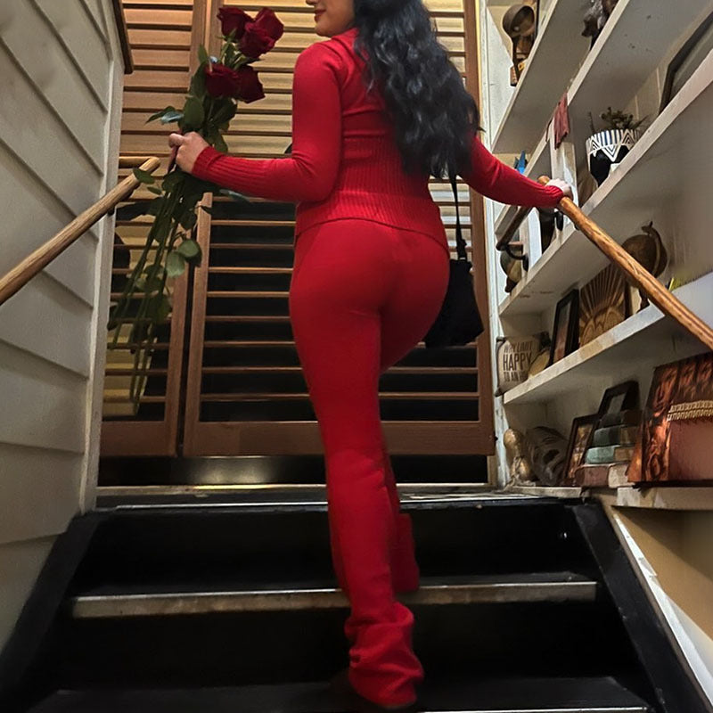 Soft Zip-up Long Sleeve Crop Sweater and Low Waist Pants Set