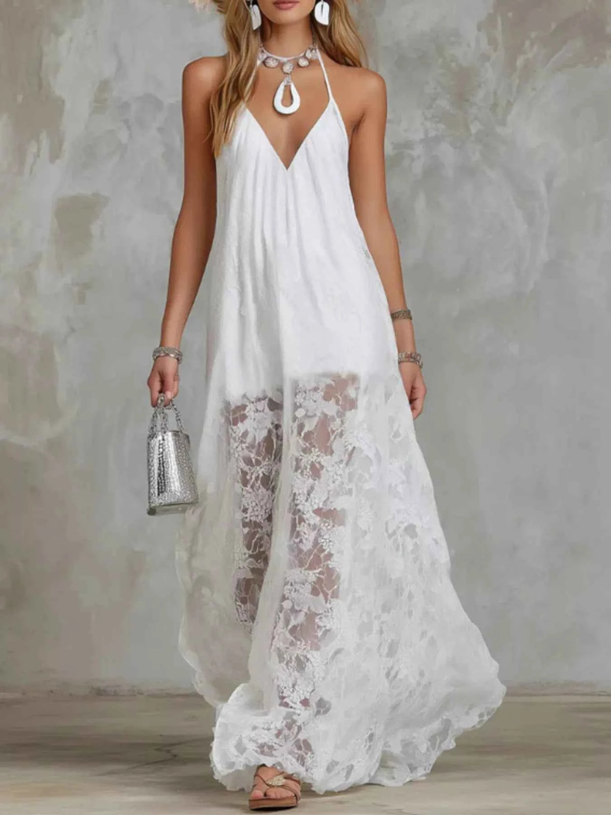 White Halter Neck Maxi Dress - Floral Lace Hem Panels