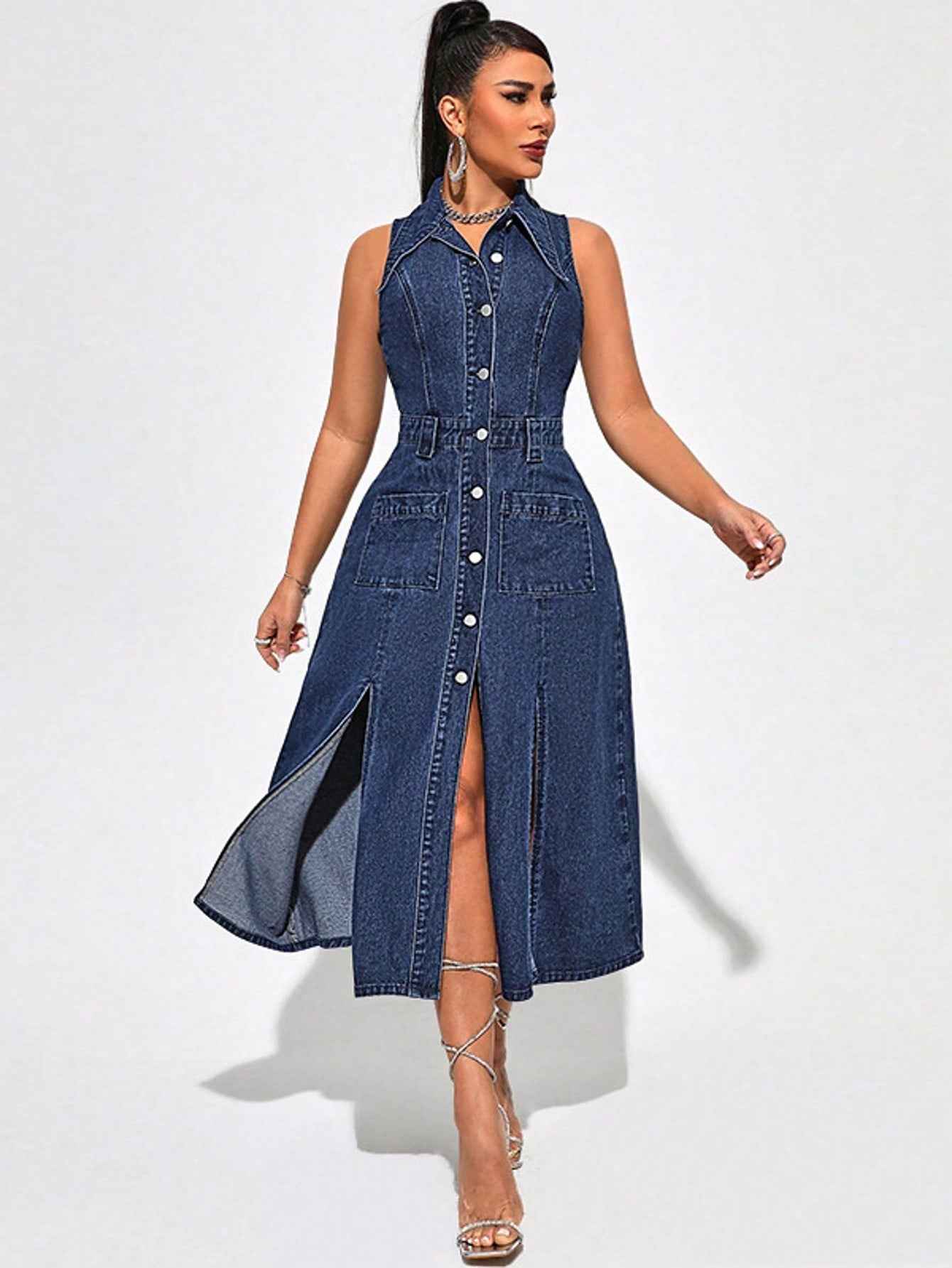 New Women's Retro-Style Washed Blue Collared Sleeveless Single-Breasted Denim Dress With Slits And Pockets, Summer Outfits For Women