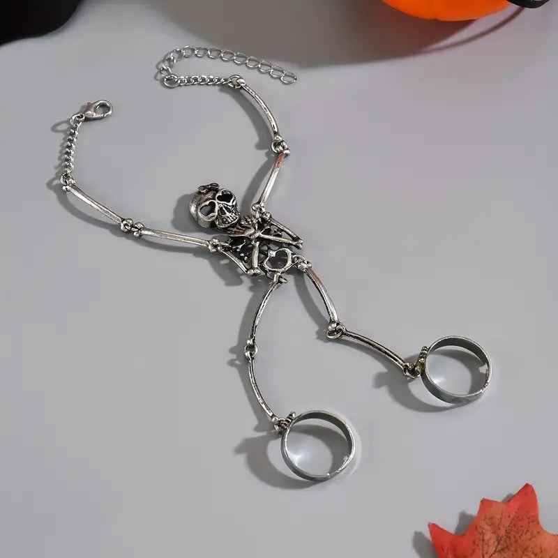 Silver Skull Skeleton Bracelet - Finger Ring Hand Chain