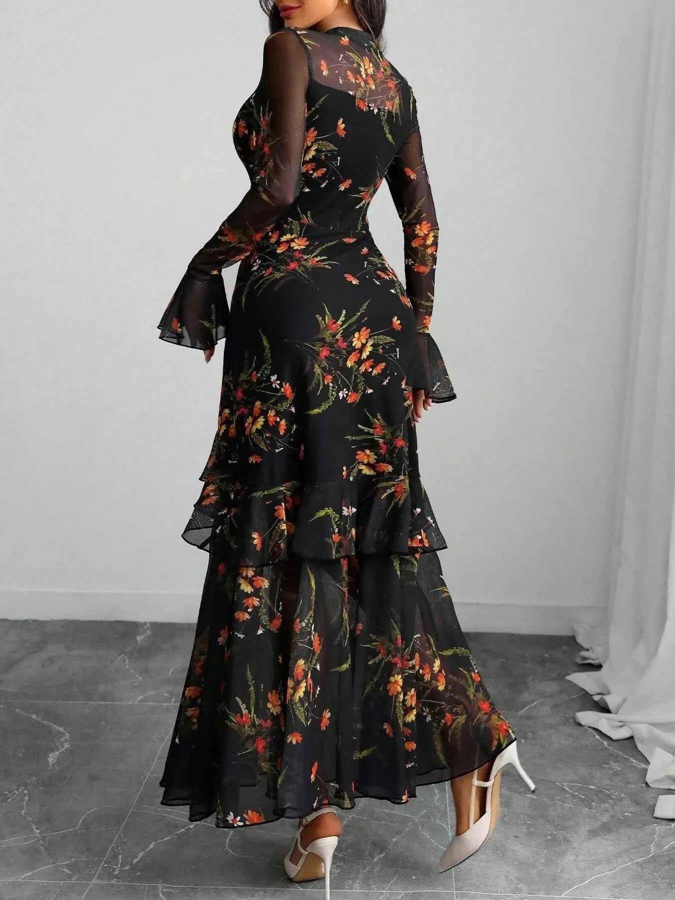 Floral Print Flounce Sleeve Mermaid Maxi Dress