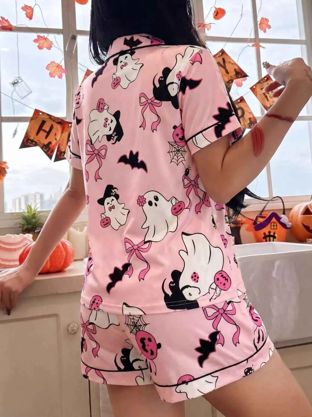 Ghost Print Lounge Set - Button-Down Top and Shorts Halloween