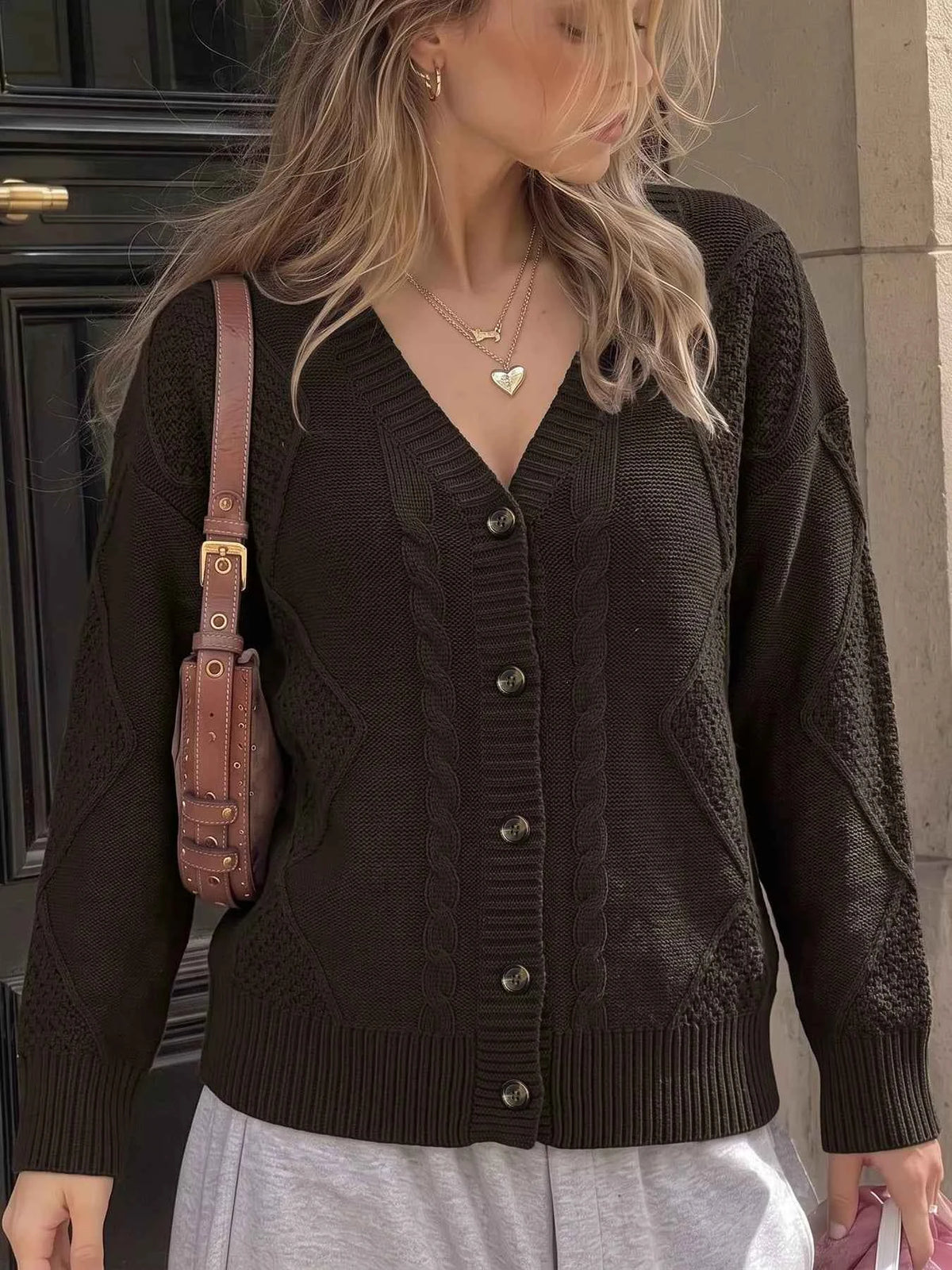 Cable Knit V-Neck Cardigan - Buttons & Ribbed Edges