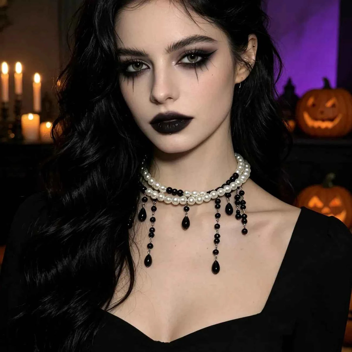 Pearl Double-Strand Choker - Teardrop Bead Fringe Gothic