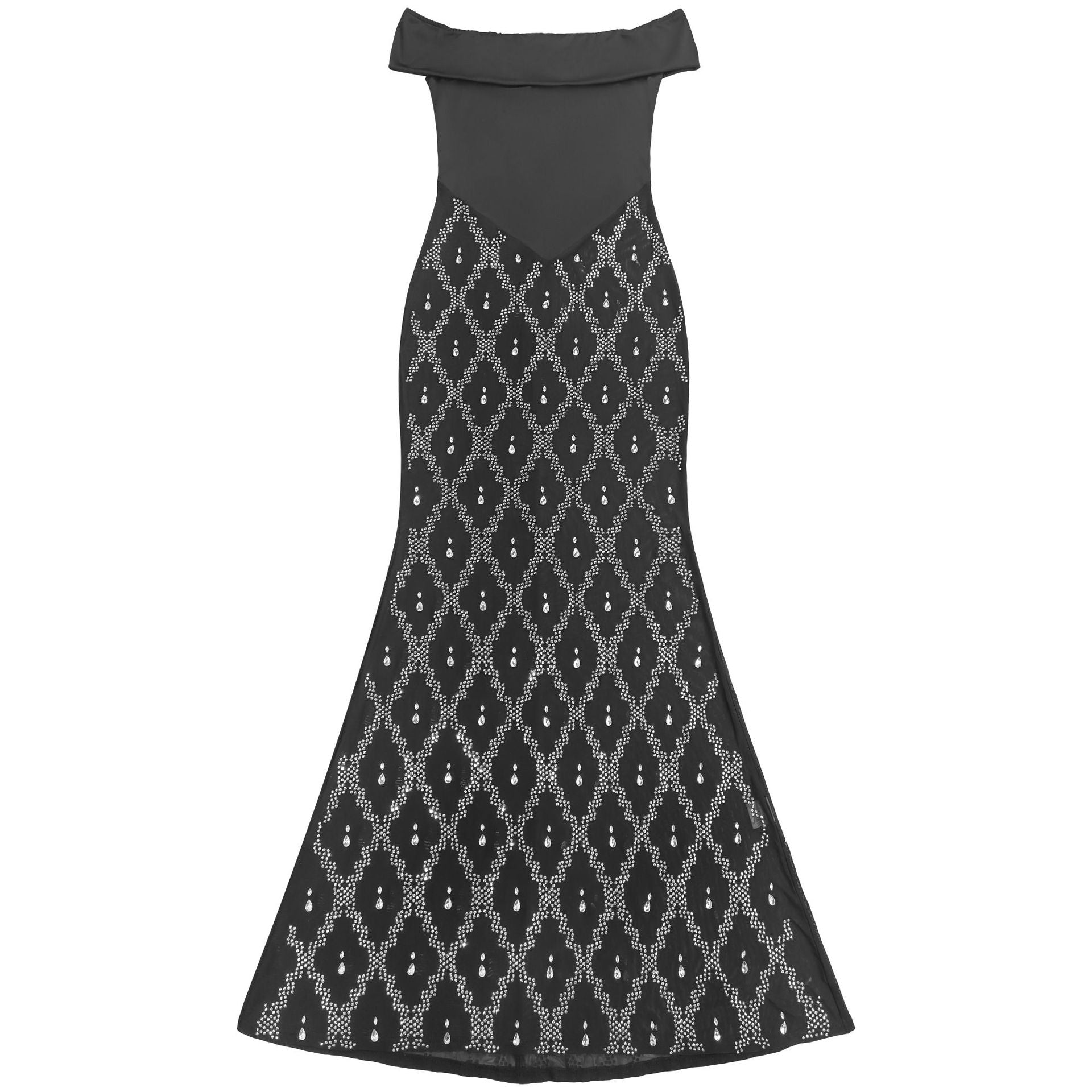 Black Off-Shoulder Sequin Mesh Maxi Gown - Diamond Lattice Crystal Skirt