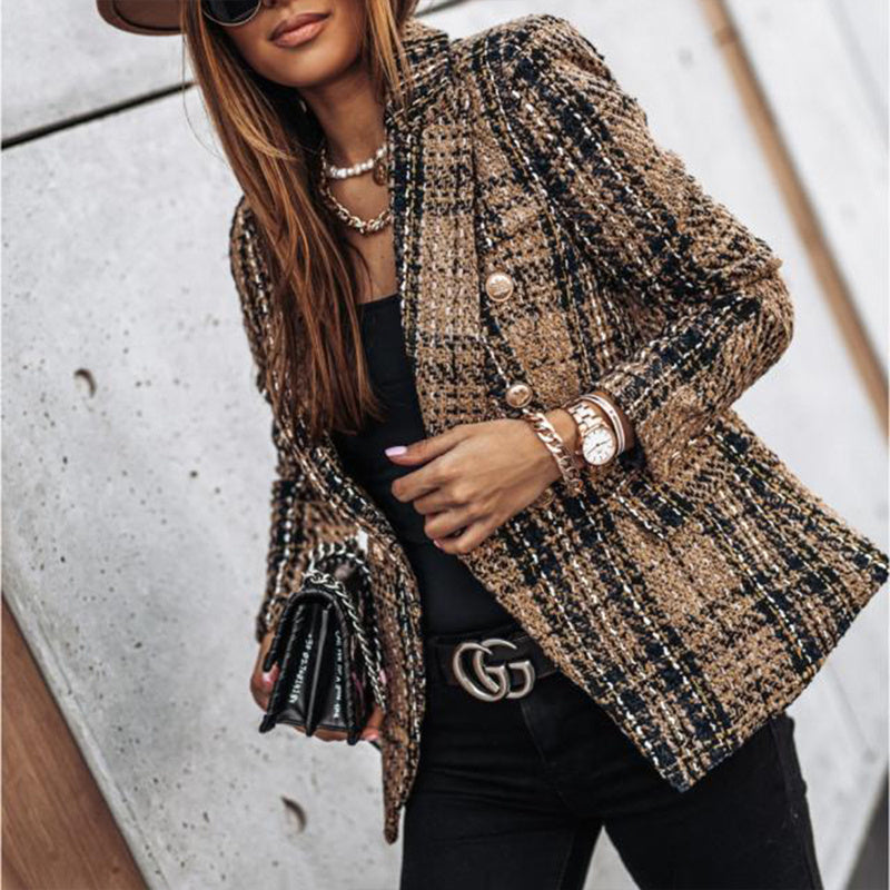 Elegant Checkered Long Sleeve Blazer - Double-Breasted Printed Coat