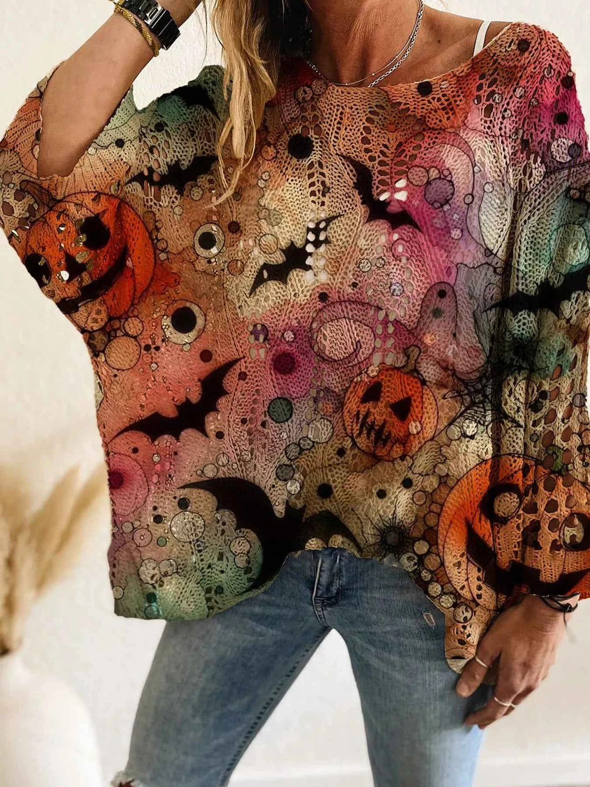 Halloween Pumpkin Knit Cover Up - Oversized Openwork Bat Print Top