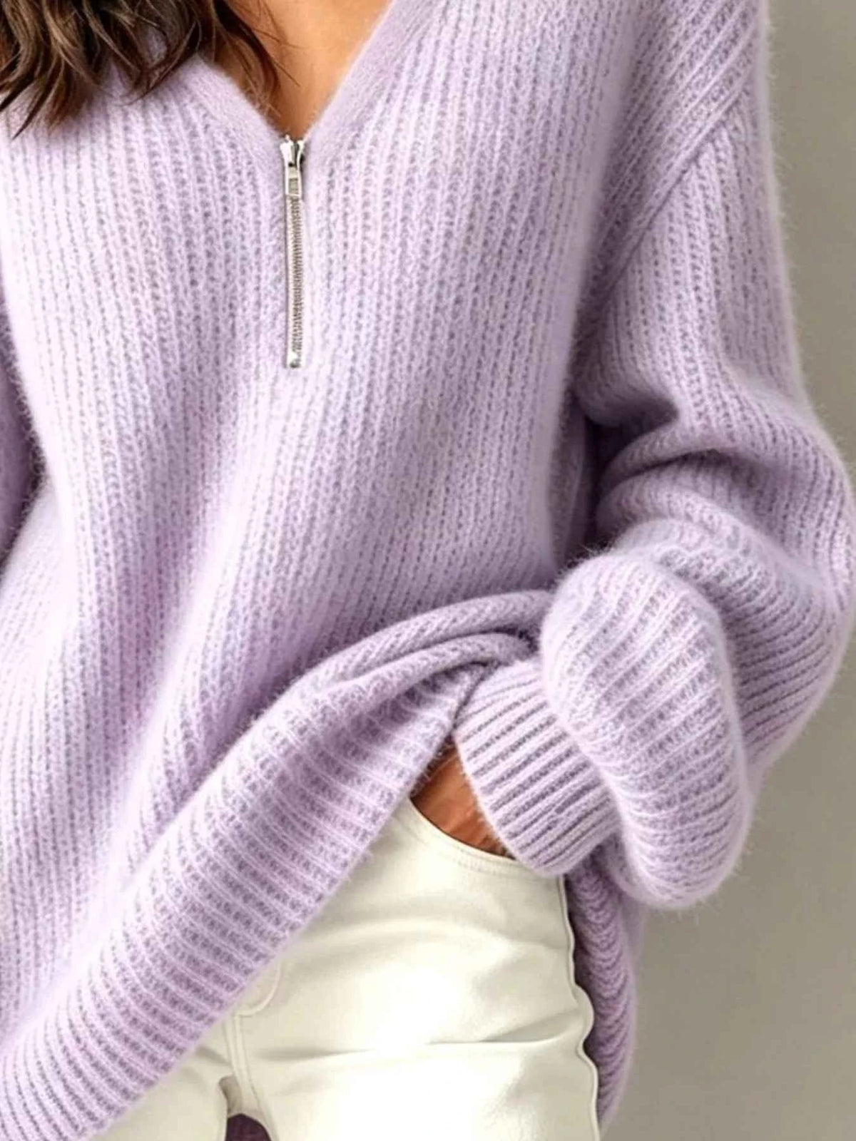 Quarter Zip Knit Sweater - Dropped Shoulders and Ribbed Cuffs