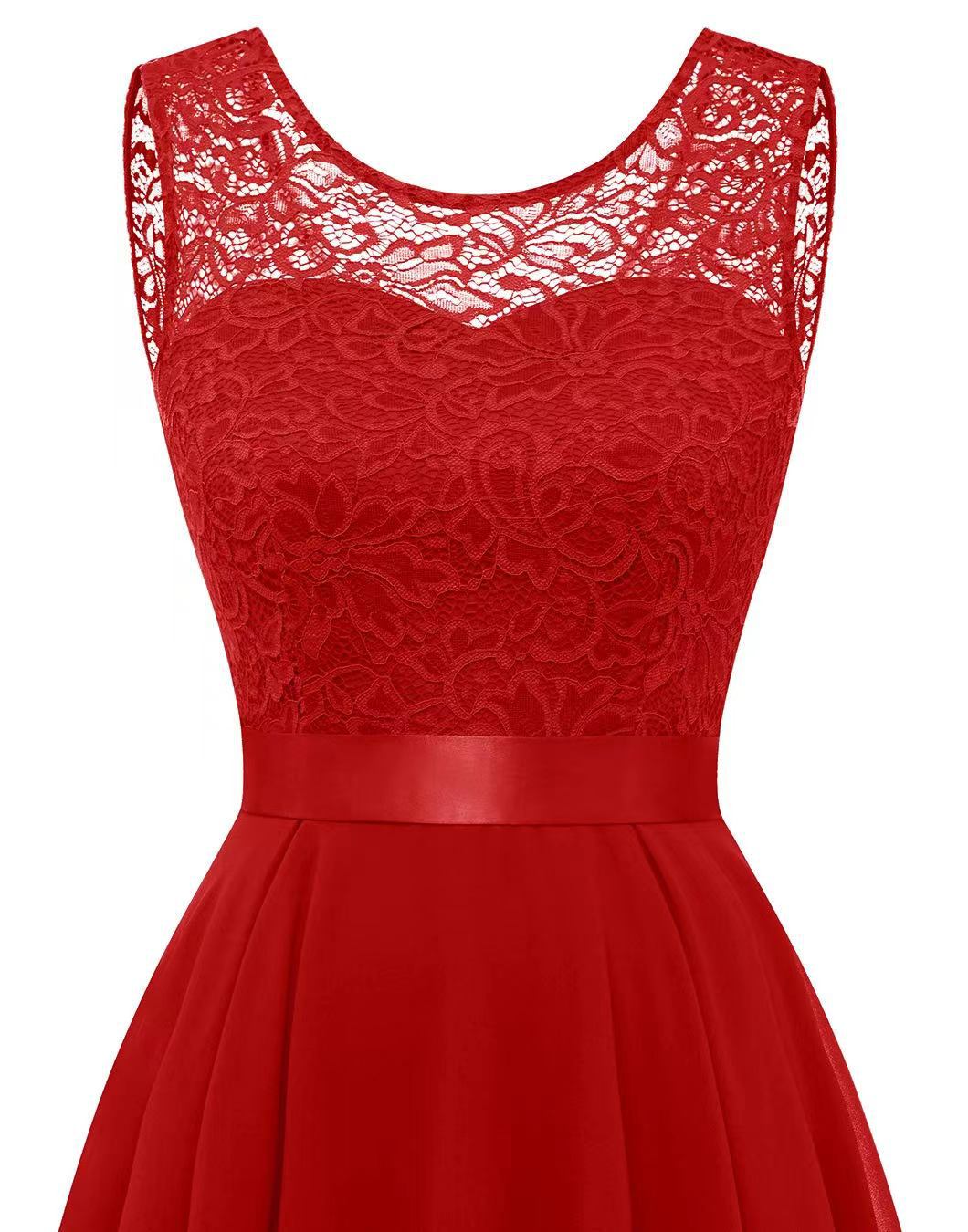 Red sleeveless lace patchwork chiffon A-line dress with scalloped neckline