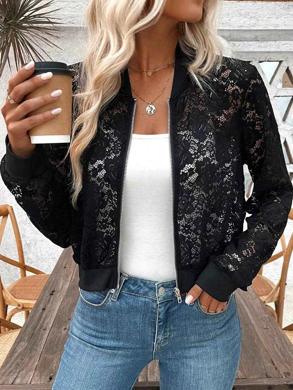 Sheer Lace Zip Up Jacket