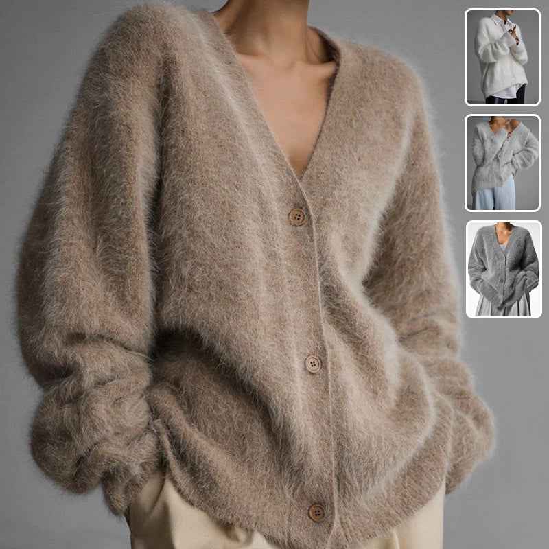 Fuzzy V-Neck Cardigan - Button Front and Relaxed Fit