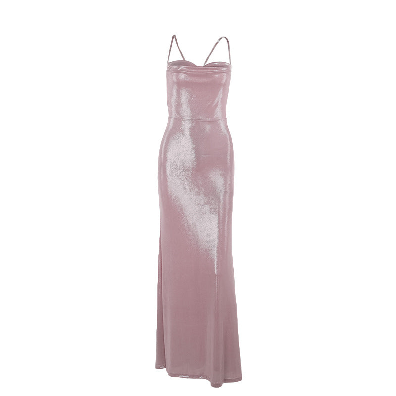 Pink satin slip camisole dress with spaghetti straps, fitted maxi length