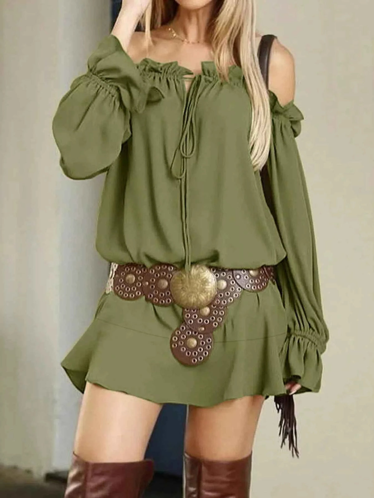 Olive Green Cold Shoulder Ruffle Mini Dress - Tie Neck Lantern Sleeve