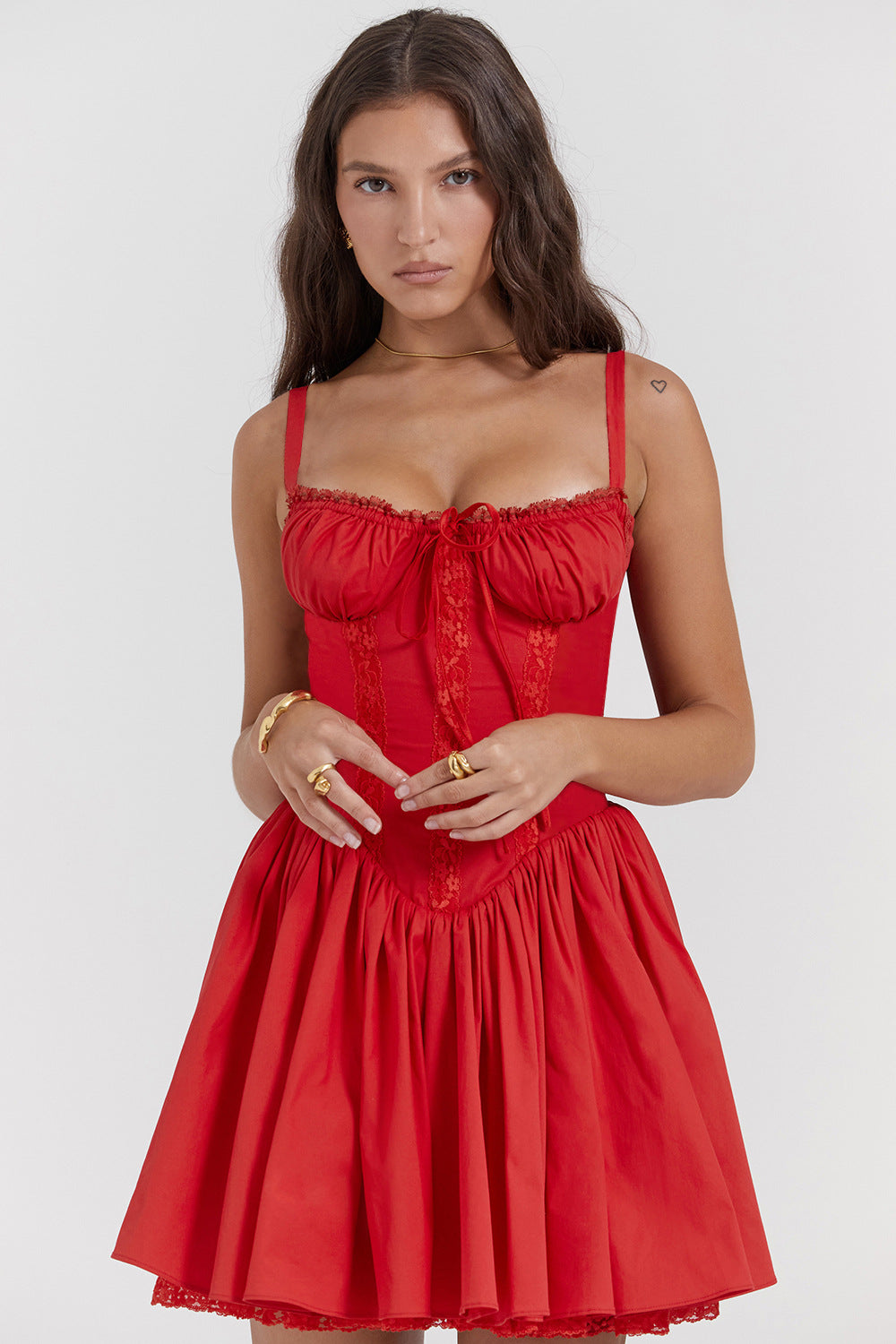 Lace-Up Corset Mini Dress - Flared Skirt and Lace Trim