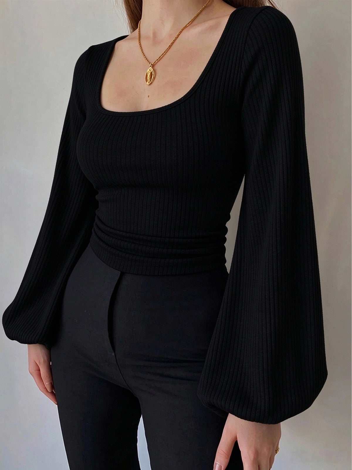 Black ribbed knit square-neck slim-fit top with long lantern sleeves