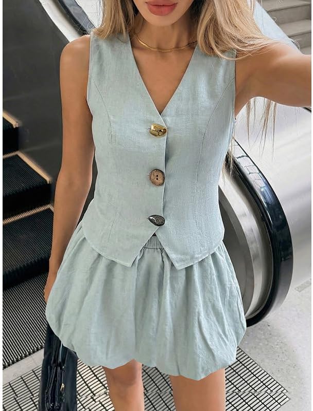 Button Up Vest and Bubble Skirt Outfit Set