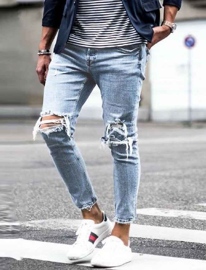 Blue Ripped Skinny Jeans Men - Open Knee Distressed Denim