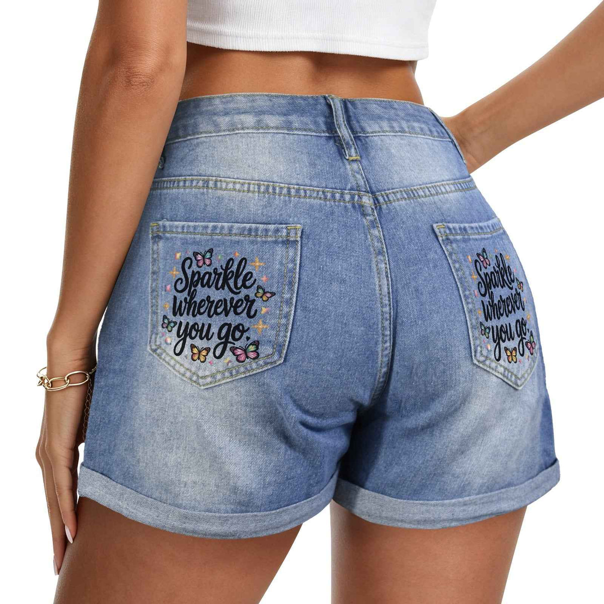 Butterfly Graphic Denim Shorts - "Sparkle Wherever You Go"
