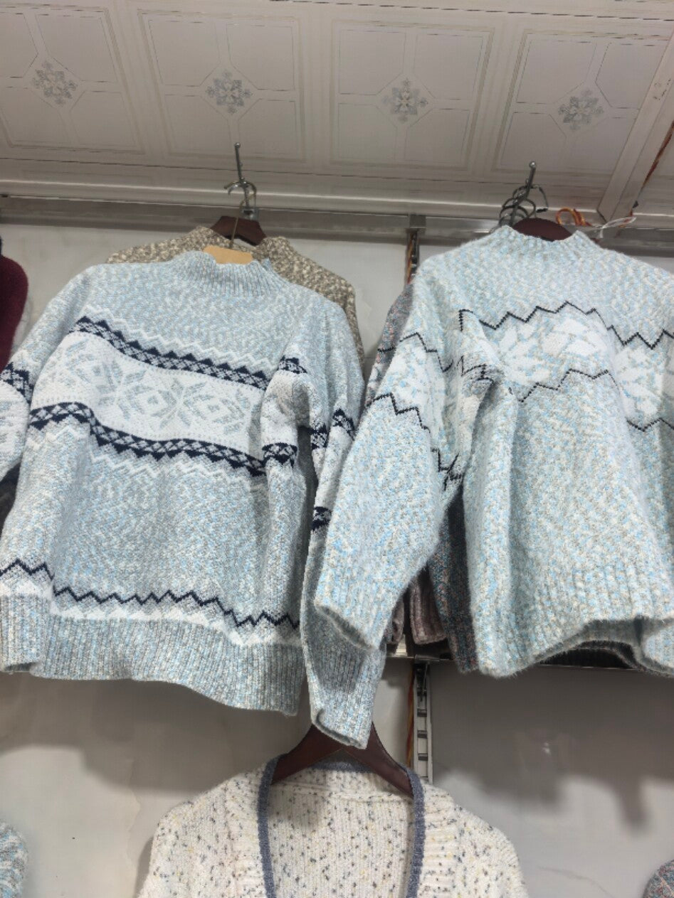 Christmas Snowflake Knit Sweater - Mock Neck and Ribbed Trim