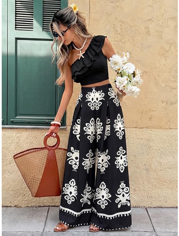 One-Shoulder Ruffled Crop Top and Wide-Leg Printed Pants Set