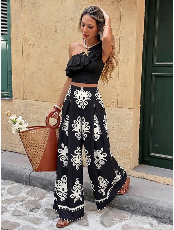 One-Shoulder Ruffled Crop Top and Wide-Leg Printed Pants Set