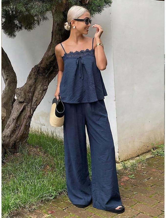 Lace Trim Cami and Wide-Leg Pants Outfit Set