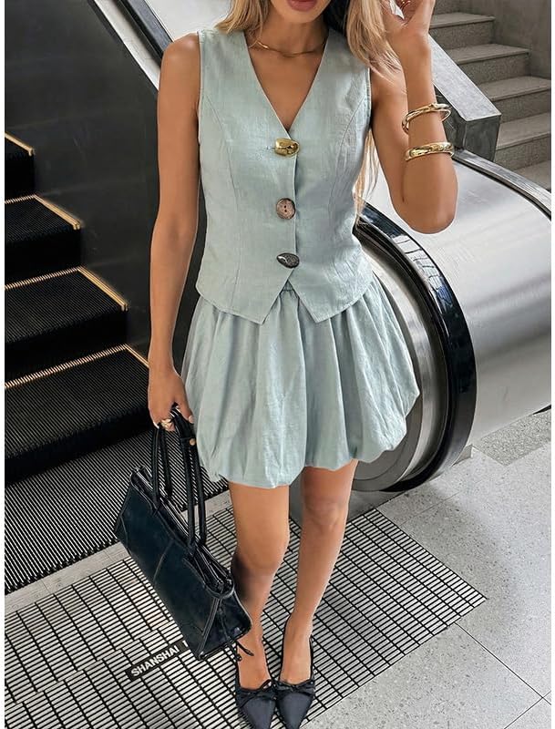 Button Up Vest and Bubble Skirt Outfit Set
