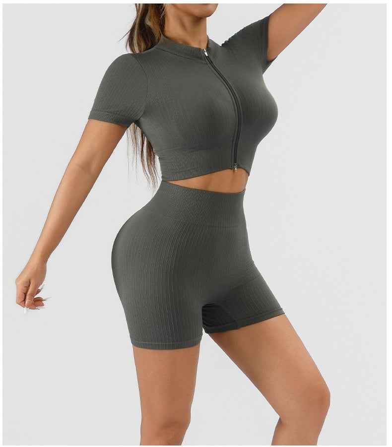Ribbed Seamless Workout Set - Short Sleeve Crop Top High Waist Shorts
