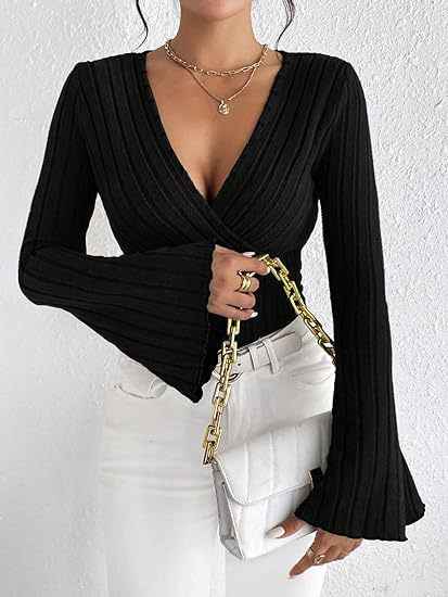 Ribbed V-Neck Top - Flared Sleeve Elegant Fit - Fashions Envy