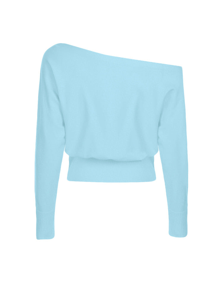 Off Shoulder Knit Sweater - Slouchy Sleeves and Ribbed Hem