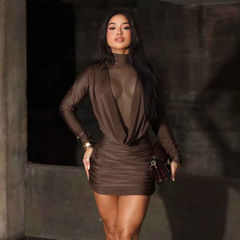 Ruched Bodycon Mini Dress - Sheer Mesh and Draped Front