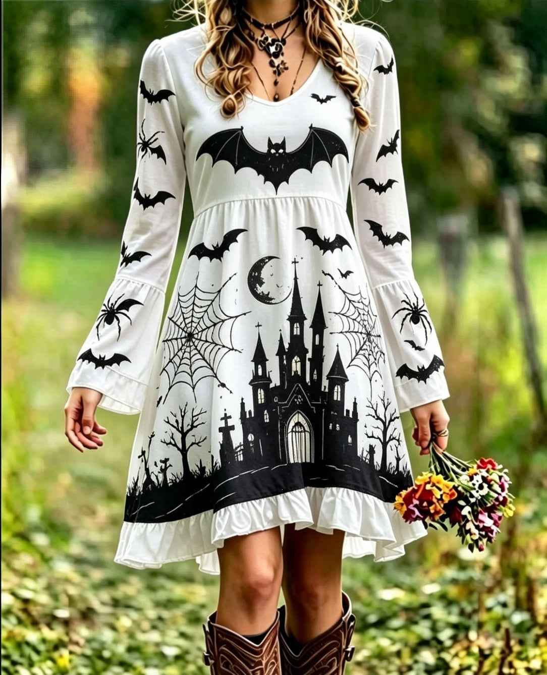 Halloween Print Mini Dress - V-Neck & Flared Sleeves