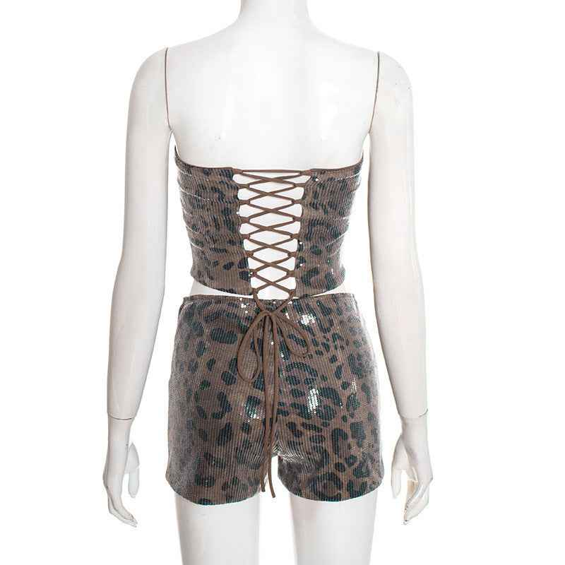 Sexy Leopard Print Outfit Set - Sequin Crop Top Fitted High-Waisted Shorts