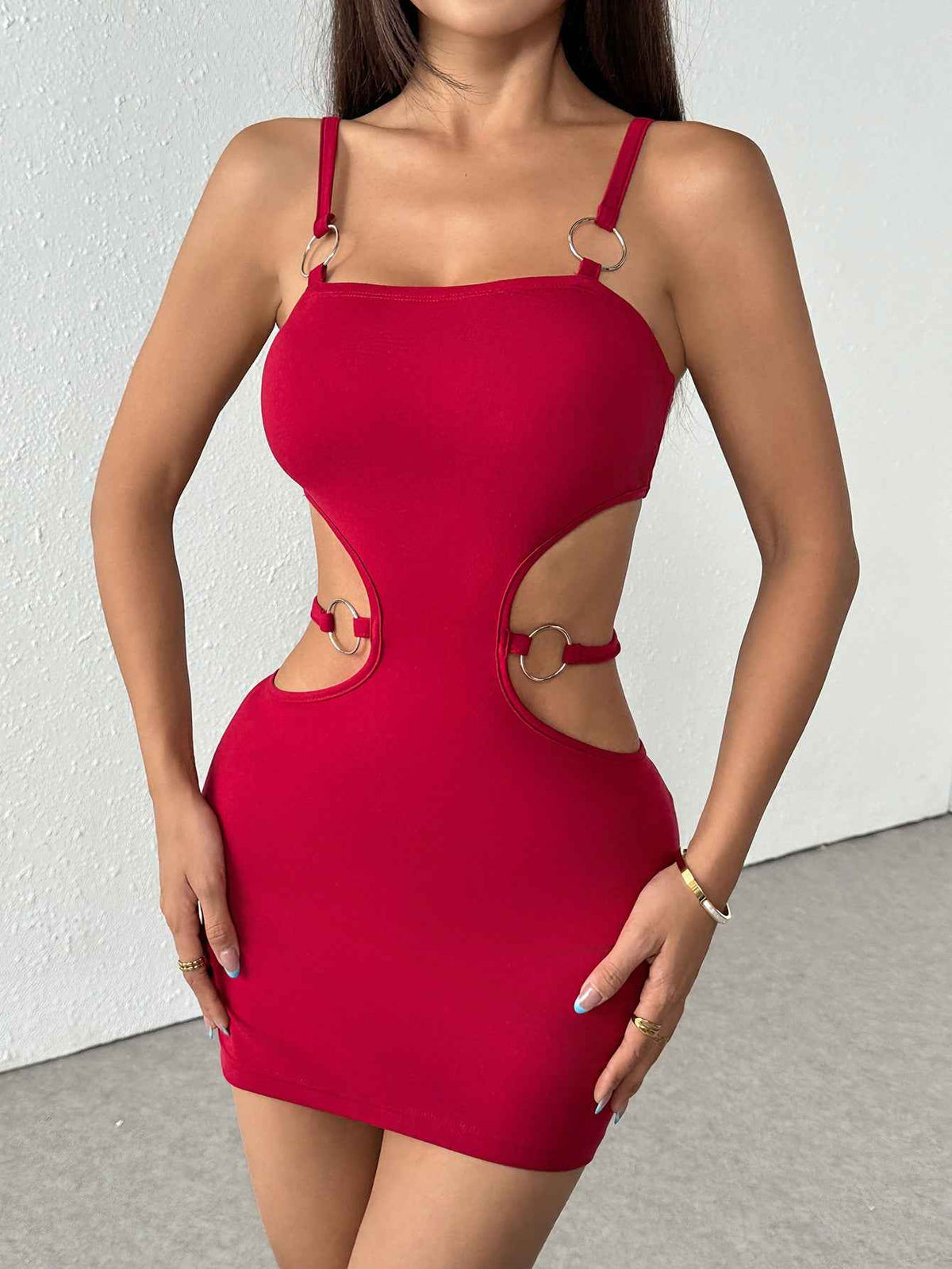 Red O-Ring Cutout Bodycon Mini Dress - Square Neck Strappy