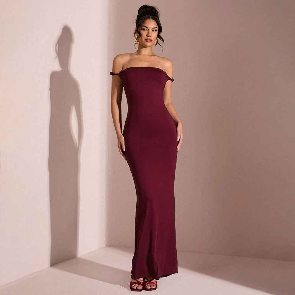 Burgundy Mermaid Maxi Dress - Off Shoulder Ruched Open Back