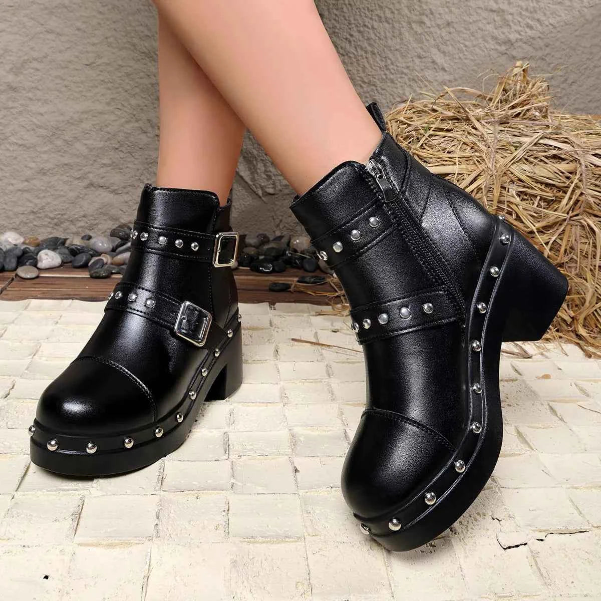 Moto Studded Ankle Boots - Dual Buckle Platform Block Heel
