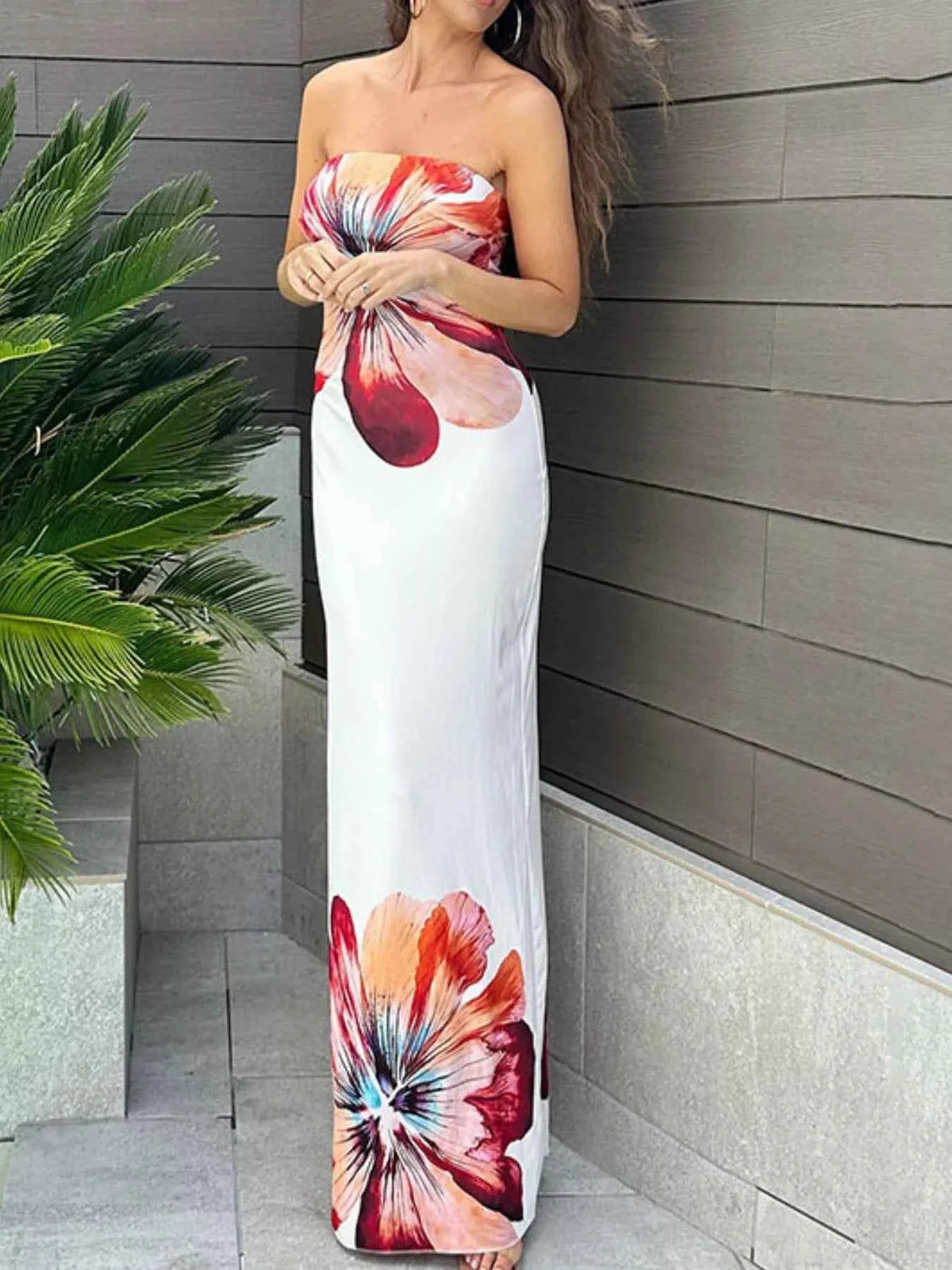 Strapless Floral Maxi Dress - Oversized Bloom Bodycon