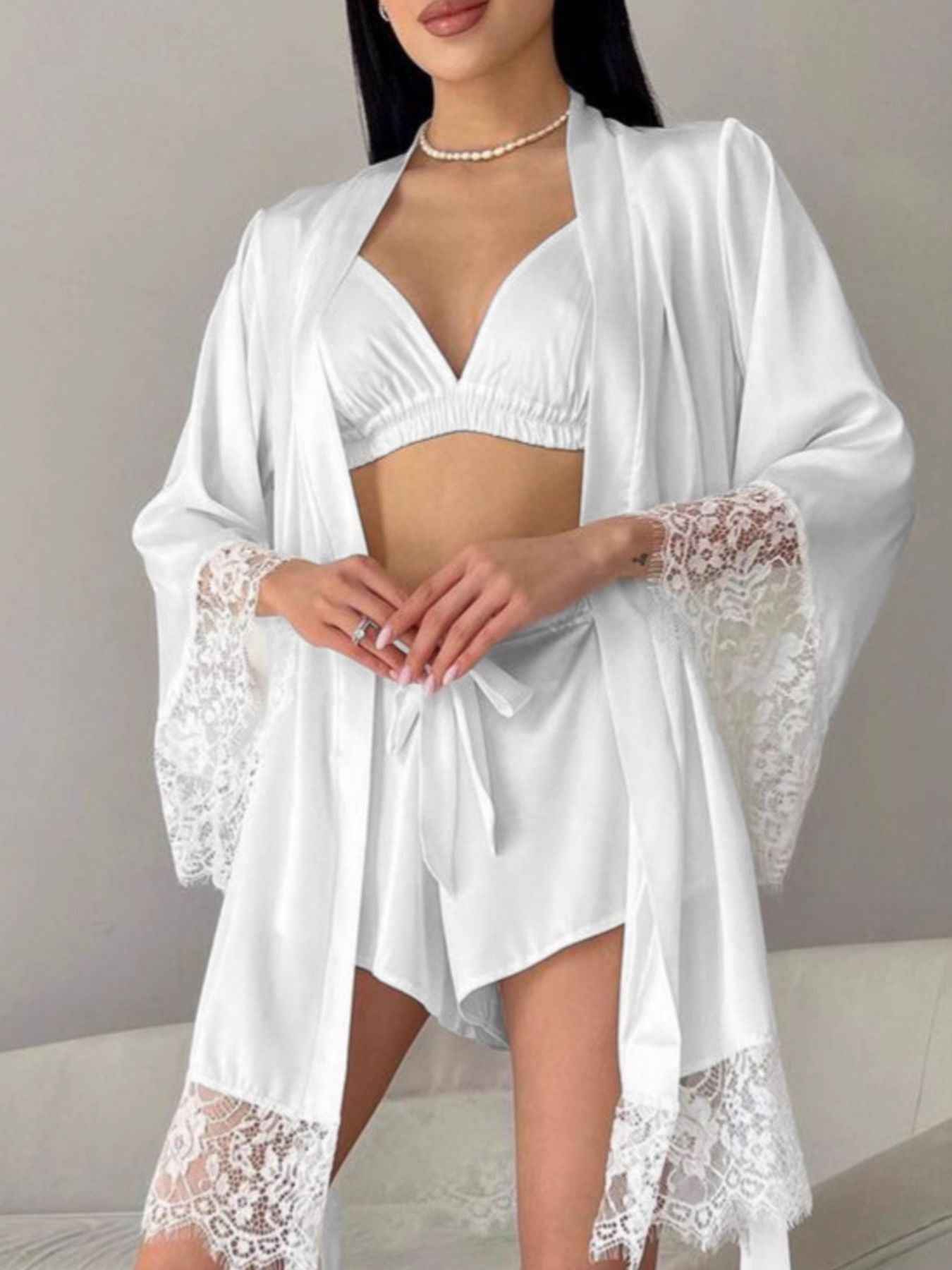 Shorts Lounge Set - Cami and Lace Trim Cardigan