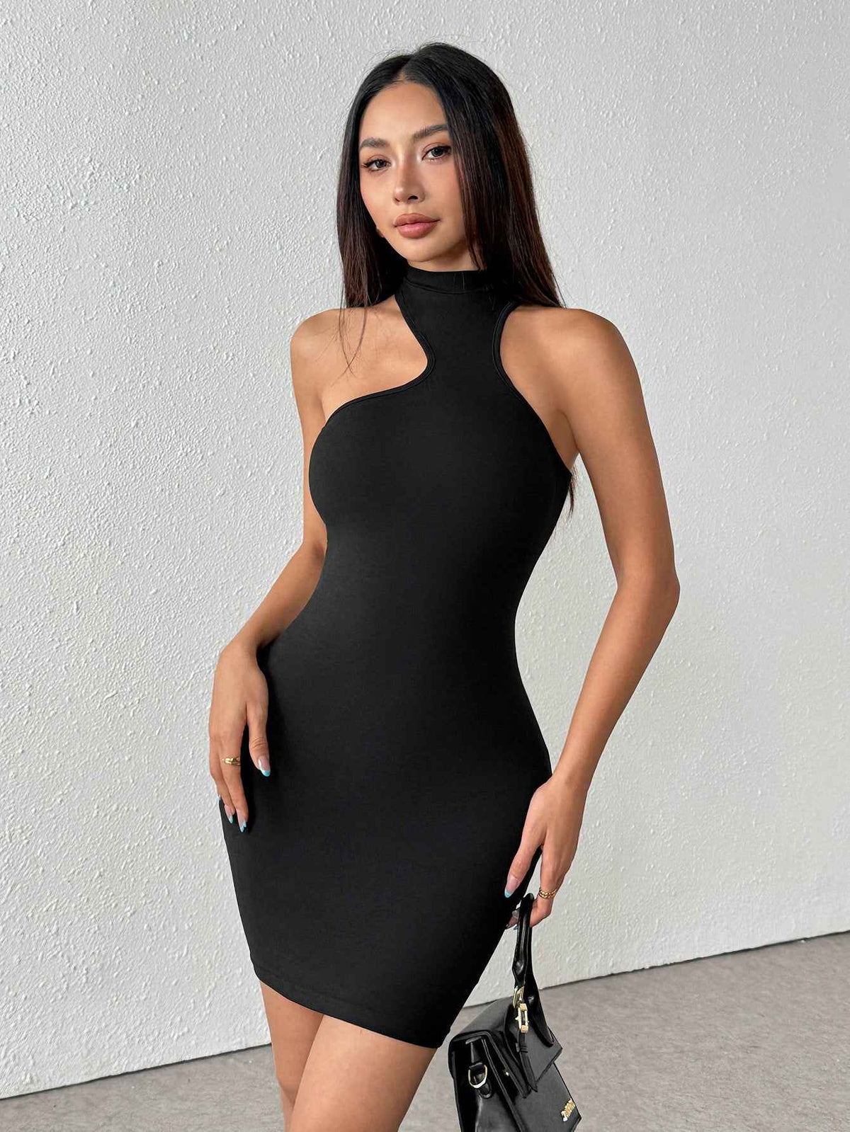 Black Asymmetric Mock Neck Mini Dress - One Shoulder Bodycon