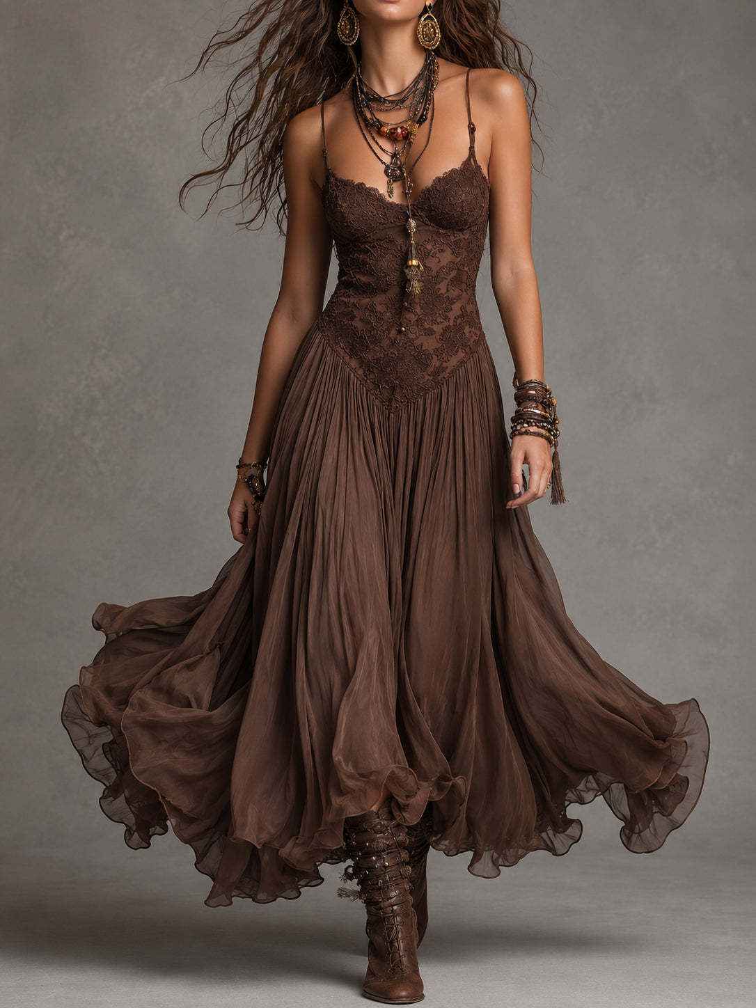 Lace Bodice Flowing Maxi Dress - Thin Straps and Layered Hem